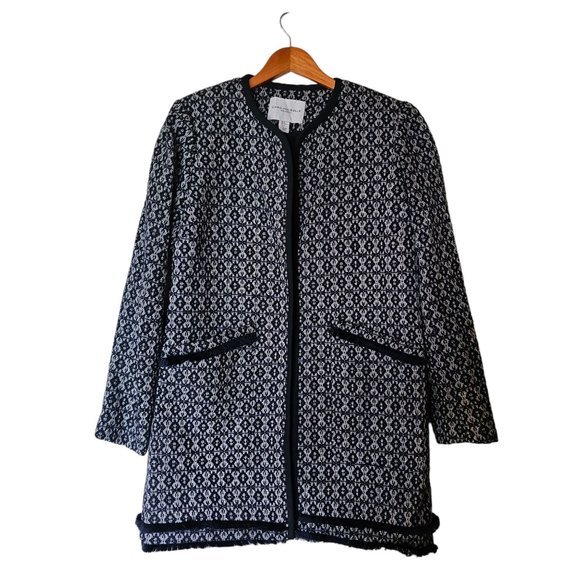 Carolina Belle Montreal Size M Medium Blue White Printed Tweed Duster Open Coat - Picture 2 of 14